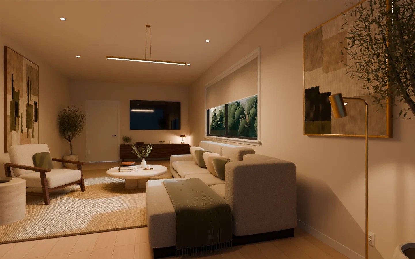A modelled living room in warm evening light: a sectional sofa, an armchair, a round table, two paintings and a television.